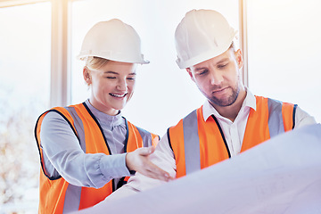 Image showing Architect, teamwork and planning with blueprint for construction, idea or site project at the office. Man and woman contractors in team strategy for building, floor plan or architecture at workplace