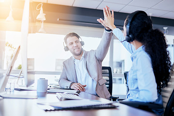 Image showing Business people, call center and high five for winning, teamwork or success in customer service at the office. Employee consultants touching hands in celebration for team win, bonus or promotion