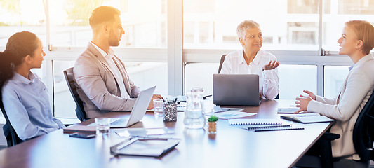 Image showing Business people, meeting and collaboration in conference planning, strategy or brainstorming ideas at office. Group of employee workers in team discussion, communication or project plan at workplace