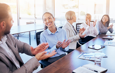 Image showing Business people, meeting and applause for winning, collaboration or team success in conference at the office. Group of happy employee workers clapping in teamwork, win or achievement at the workplace