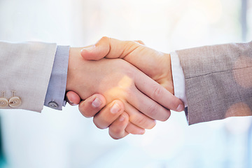 Image showing Business people, handshake and meeting for deal, partnership or team collaboration at office. Employees shaking hands in teamwork, trust or b2b for agreement, greeting or introduction at workplace