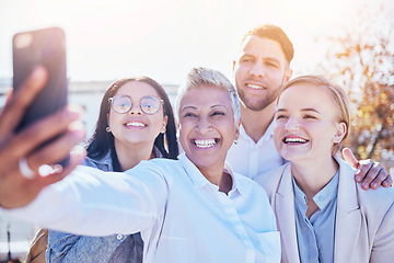 Image showing Happy business people, smile and selfie for profile picture, team building or friends in the outdoors. Group of employee coworkers smiling for photo, social media or friendship on work break outside