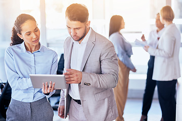 Image showing Business people, tablet and planning in management for meeting, teamwork or corporate strategy at office. Serious employee workers checking team data on technology for project ideas in collaboration