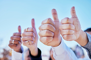 Image showing Business people, hands and thumbs up for teamwork, success or winning in thank you and good job outdoors. Hand of group showing thumb emoji, yes sign or like for team approval or ok with blue sky