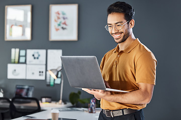 Image showing Happy, laptop and corporate man in office smile, confident and excited against blurred wall background. Idea, vision and asian businessman online for planning, goal and design agency startup in Japan