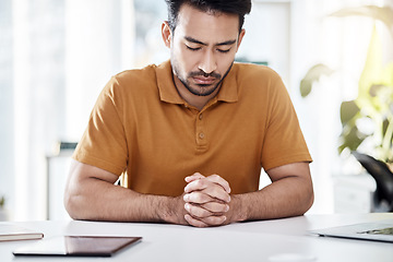 Image showing Business, office and man praying, faith and hope for career, job or work opportunity with god help, support or gratitude. Trust, worship and young person with prayer hands or sign for religion