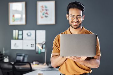 Image showing Research, laptop and happy man in office thinking, smile and excited on blurred wall background. Leader, vision and asian businessman online for planning, goal or design agency startup in Japan