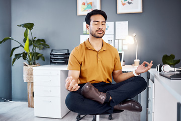 Image showing Yoga, night and business man in office for mental health, relax and breathing exercise at a desk. Corporate, meditation and asian guy manager meditating for stress management, zen and peace in Japan