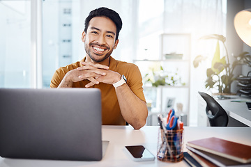 Image showing Success, confidence and portrait of a businessman in the office with a laptop working on a corporate project. Happy, smile and professional male employee doing research on computer in the workplace.