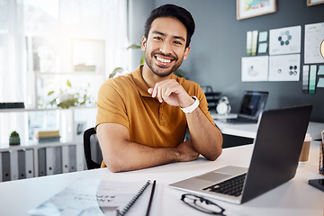 Image showing Smile, confidence and portrait of a man in the office with a laptop working on a corporate project. Happy, success and professional male employee doing business research on computer in the workplace.