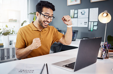 Image showing Yes, winning and business man on laptop reading news, results or email of bonus, promotion or office success. Celebration, cheers and happy asian person or winner fist pump and celebrate on computer