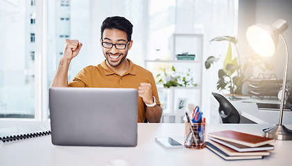 Image showing Winner, computer and business man winning with news, results and yes for bonus, promotion or success in office. Celebration, cheers and happy asian person or winner fist pump and celebrate on laptop