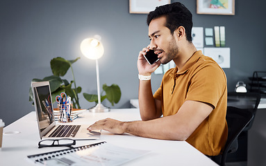 Image showing Phone call, stress and Asian man with problem on laptop with glitch, mistake and error in office. Communication, business and upset male worker on computer talking, frustrated and consulting for help