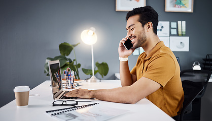 Image showing Laptop, phone call and Asian man with a smile, business and communication in workplace. Male employee, entrepreneur and creative with coffee, smartphone and connection for discussion and planning