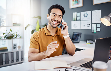 Image showing Phone call, smile and planning with a business man chatting while working at his desk in the office. Mobile, contact and communication with a young male employee chatting or networking for strategy