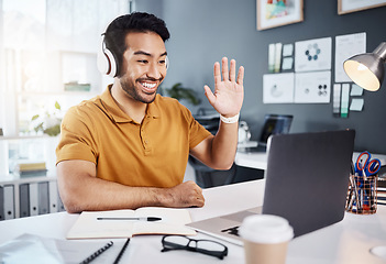 Image showing Man, headphones and laptop, video call with smile and wave hello, remote work with workshop webinar. Communication, working from home and virtual meeting seminar, happy male freelancer and internet