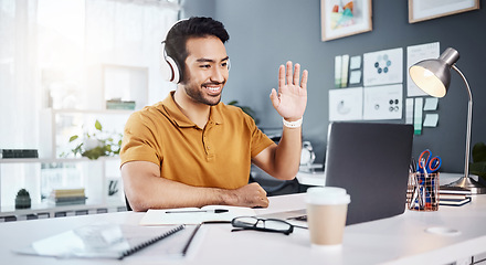 Image showing Man, headphones and laptop, video conference with smile and wave hello, remote work with webinar. Communication, working from home and virtual meeting seminar, happy male freelancer and internet