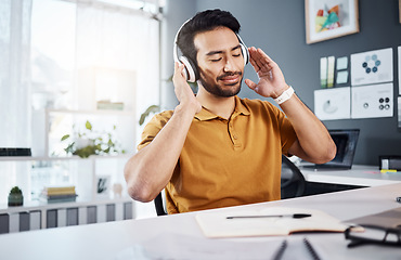 Image showing Man, remote work and headphones while listening to music, happy and enjoy audio playlist. Male copywriter with eyes closed, freelance and blogger working from home, technology and online streaming