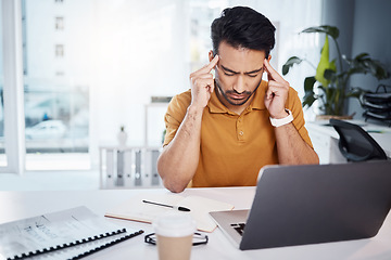 Image showing Burnout, laptop error or business man with migraine problem, pain or stress from software system glitch. Mental health, office crisis or person depressed over mistake, medical emergency or audit fail