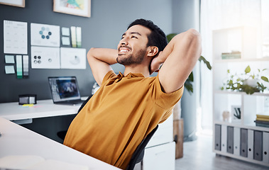 Image showing Happy, business and Asian man relax, rest and stretching in workplace, happiness and calm thinking. Male employee, creative and worker with smile, creativity and brainstorming for project or thoughts