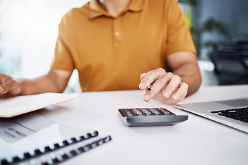 Image showing Taxes, planning and calculator with man hands for budget report, accounting review and debt management. Calculating, financial documents and accountant, entrepreneur or person with business finance