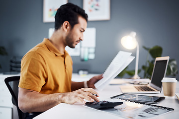 Image showing Finance, calculator and business man with documents for project budget, accounting and financial management. Calculating, invoice check and accountant, entrepreneur or person with taxes paperwork