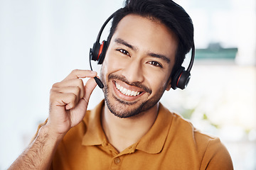 Image showing Man with smile in portrait, call center and contact us with headset and microphone, CRM and help desk agent. Happy male consultant, communication and technology with customer service job and telecom