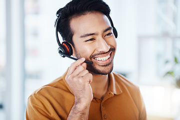 Image showing Man with smile, call center and contact us with telecom, headset and microphone with CRM and help desk agent. Happy male consultant, communication and technology with customer service job and support