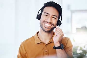 Image showing Happy man with smile in portrait, call center and contact us with telecom, headset and microphone with CRM. Male consultant, communication and technology with customer service job and help desk agent