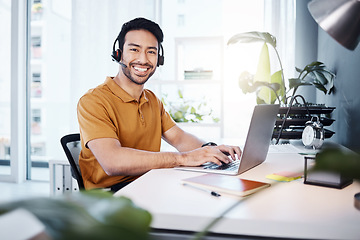 Image showing Laptop, portrait and man call center agent doing research on a crm strategy in a modern office. Confidence, smile and male customer service consultant working on an online consultation with computer.