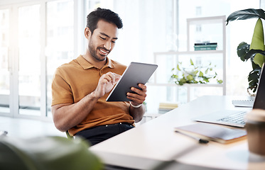 Image showing Business man, tablet and smile in office for productivity, professional planning and internet research. Happy male worker, digital technology and scroll app on website, online information and insight