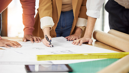 Image showing Teamwork, architecture and hands of people with blueprint for planning, discussion and engineering design. Collaboration, construction and men and women with illustration, floor plan and drawing