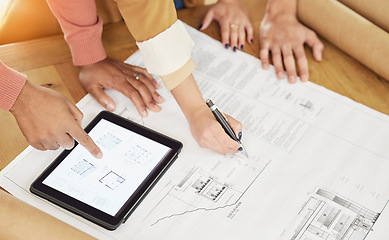 Image showing Tablet, architecture and hands of people on blueprint for planning, meeting and engineering design. Collaboration, construction team and men and women for digital illustration, floor plan and drawing