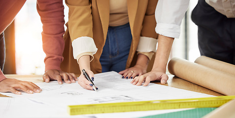 Image showing Drawing, architecture and hands of people with blueprint for planning, discussion and engineering design. Collaboration, construction and men and women with illustration, floor plan and paperwork