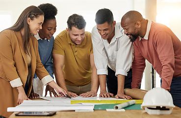 Image showing Teamwork, architecture and business people with blueprint for planning, discussion and engineering design. Collaboration, construction and men and women with illustration, floor plan and paperwork