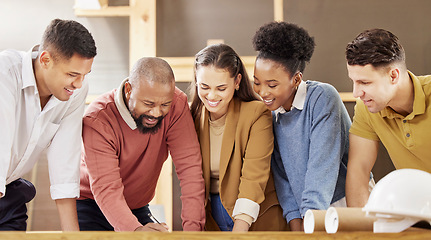 Image showing Teamwork, architecture and business people in discussion for planning, meeting and engineering design. Collaboration, construction and men and women talking with blueprint, floor plan and documents