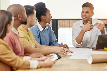 Image showing Architecture, discussion and business people in meeting for planning, presentation and engineering design. Teamwork, construction and men and women talking with blueprint, floor plan and documents