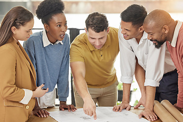 Image showing Architecture team, blueprint and business people for planning, discussion and engineering design. Collaboration, construction and men and women talking with illustration, floor plan and documents