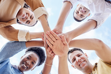 Image showing Below circle, hand stack and business people with support, smile and portrait for goal motivation. Men, women and hands together for solidarity, diversity and happiness with team building at job