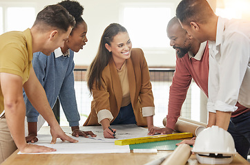 Image showing Planning, architecture and business people in meeting for blueprint, discussion and engineering design. Teamwork, construction and happy men and women with illustration, floor plan and paperwork