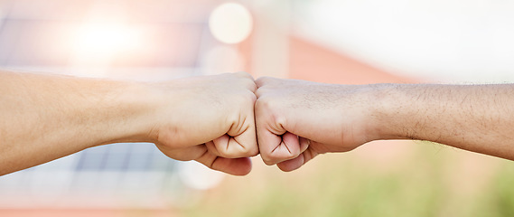 Image showing People, hands and fist bump for teamwork, success and greeting of trust, solidarity and support. Closeup of friends, community and partnership with hand for collaboration, motivation and cooperation