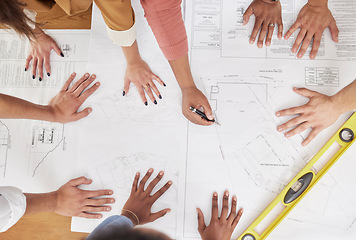 Image showing Blueprint, architecture and hands of people drawing for planning, floor plan and engineering design. Teamwork, construction and above of men and women for illustration, meeting and building ideas