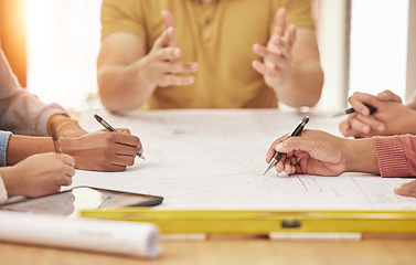 Image showing Engineering, architecture and hands of people with blueprint for planning, discussion and building design. Teamwork, construction and men and women in meeting with illustration, floor plan and paper