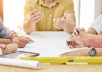 Image showing Architecture, drawing and hands of business people for planning, discussion and engineering design. Teamwork, construction and men and women in meeting with blueprint, floor plan and illustration