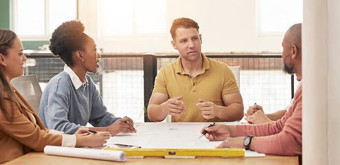 Image showing Architecture, engineering and business people in meeting for planning, discussion and building design. Collaboration, construction team and men and women talking with blueprint, floor plan and papers