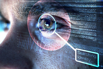 Image showing Identity, holographic or man with eye scan in digital cybersecurity technology for Information database. Biometric laser, ai innovation or zoom of searching word in recognition or verification sensor