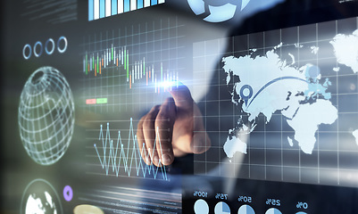 Image showing Charts hologram, hands or man in the stock market for finance analysis, trading database or economy research. Infographic, closeup or financial trader reading investment statistics, profit analytics