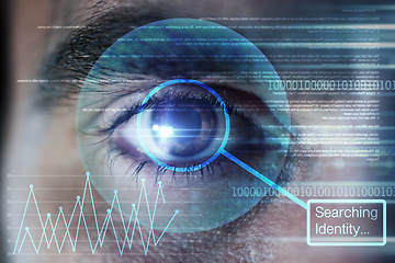 Image showing Identity, hologram or man with eye scan in digital cybersecurity technology for Information database. Biometric laser, ai innovation or zoom of searching word in recognition or verification sensor