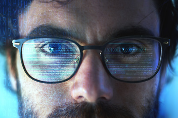 Image showing Face, smart glasses and overlay of man with futuristic hologram for cybersecurity. Portrait, iris scanner and person with technology for facial recognition, biometric or digital identification data.