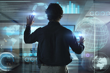 Image showing Business man, touchscreen and hologram of information technology, data analytics and global statistics on digital glass. Person or user press on holographic database with charts, graphs in night rear